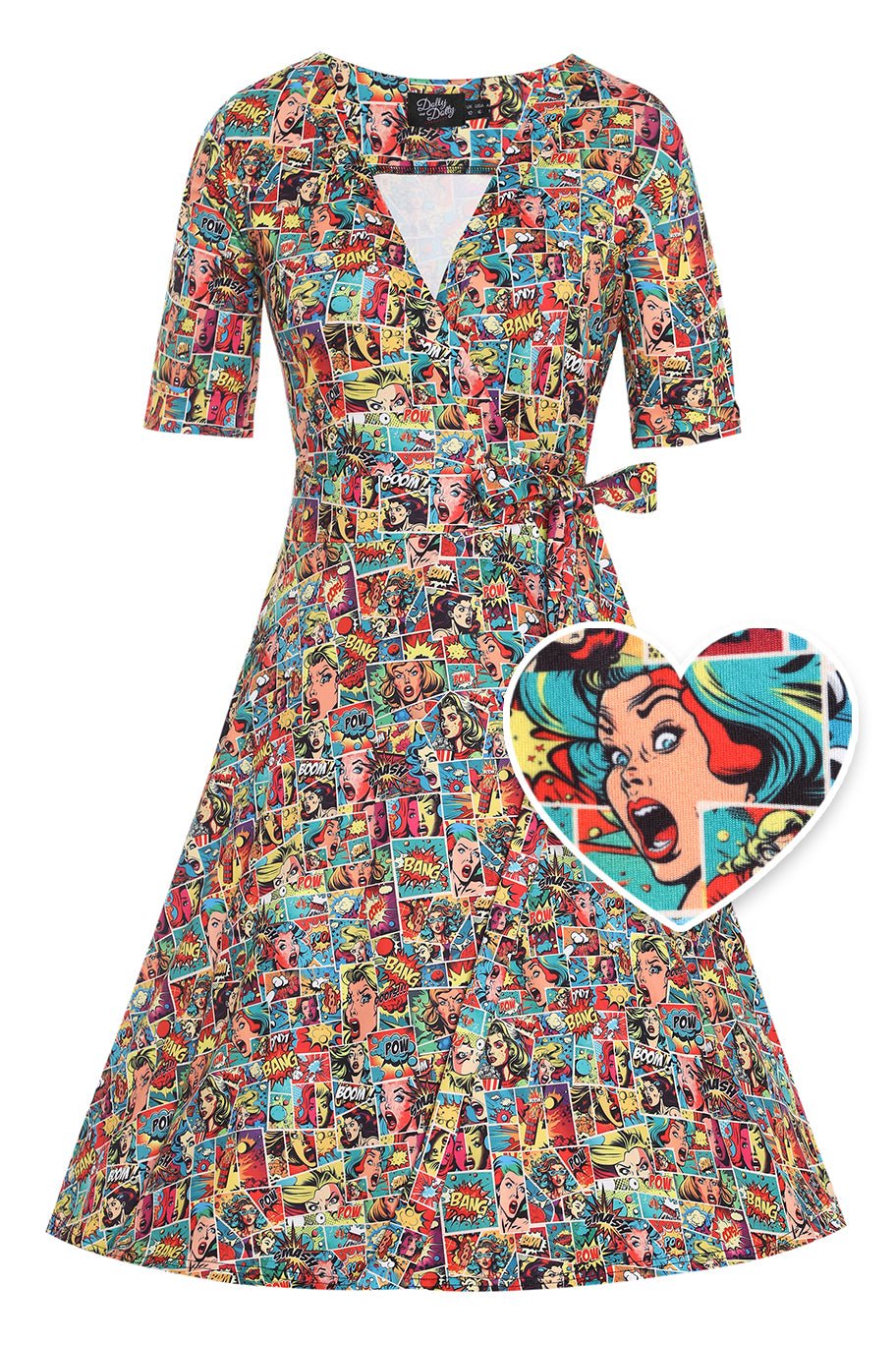 Front view of Comic Wrap Dress