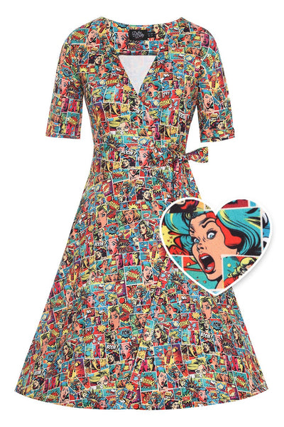 Front view of Comic Wrap Dress