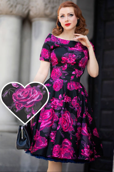Darlene Retro Black-Pink Roses Swing Dress1