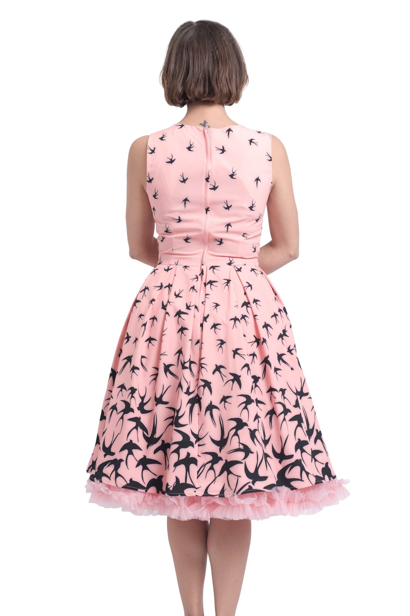 EU STOCK Annie Swing Dress in Pink & Black Raising Swallow Birds