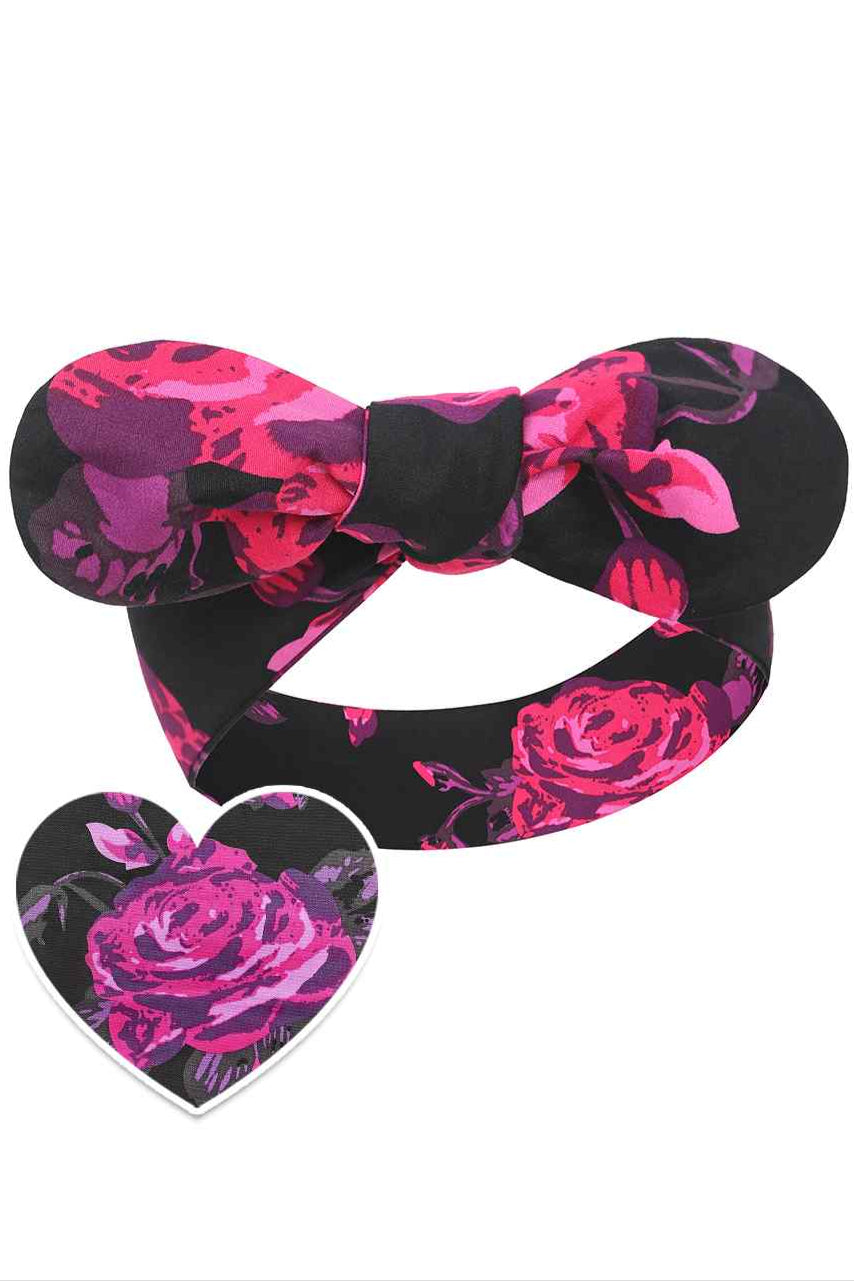 Quirky Headband in Retro Black/Pink Roses Print
