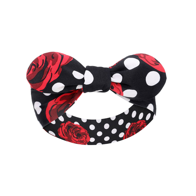EU Stock Rockabilly Tie Headband Rose & Polka Dot Print