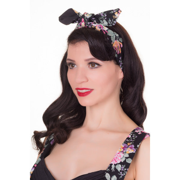 Rockabilly Tie Flowered Headband in Black