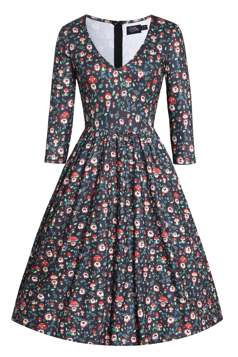 PRE ORDER Billie Black Hedgehog & Mushroom Print Dress
