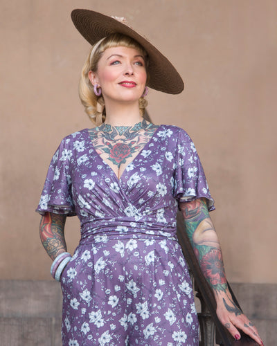 Esther Purple Floral Butterfly Sleeved Jumpsuit