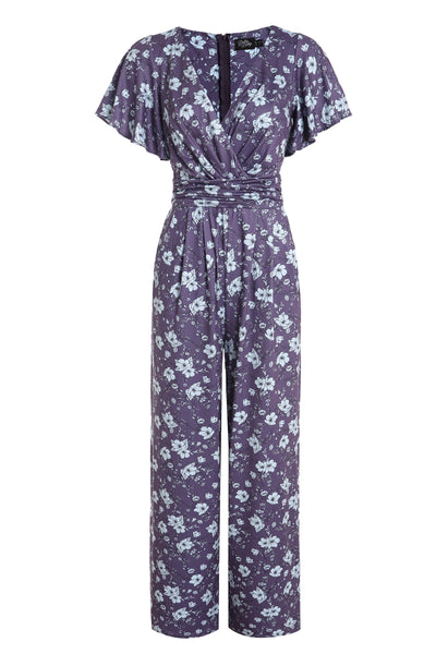 Esther Purple Floral Butterfly Sleeved Jumpsuit