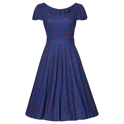 EU STOCK Children Claudia Flirty Fifties Style Dress in Navy Blue & Lady Bug Print