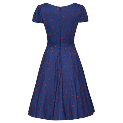EU STOCK Children Claudia Flirty Fifties Style Dress in Navy Blue & Lady Bug Print