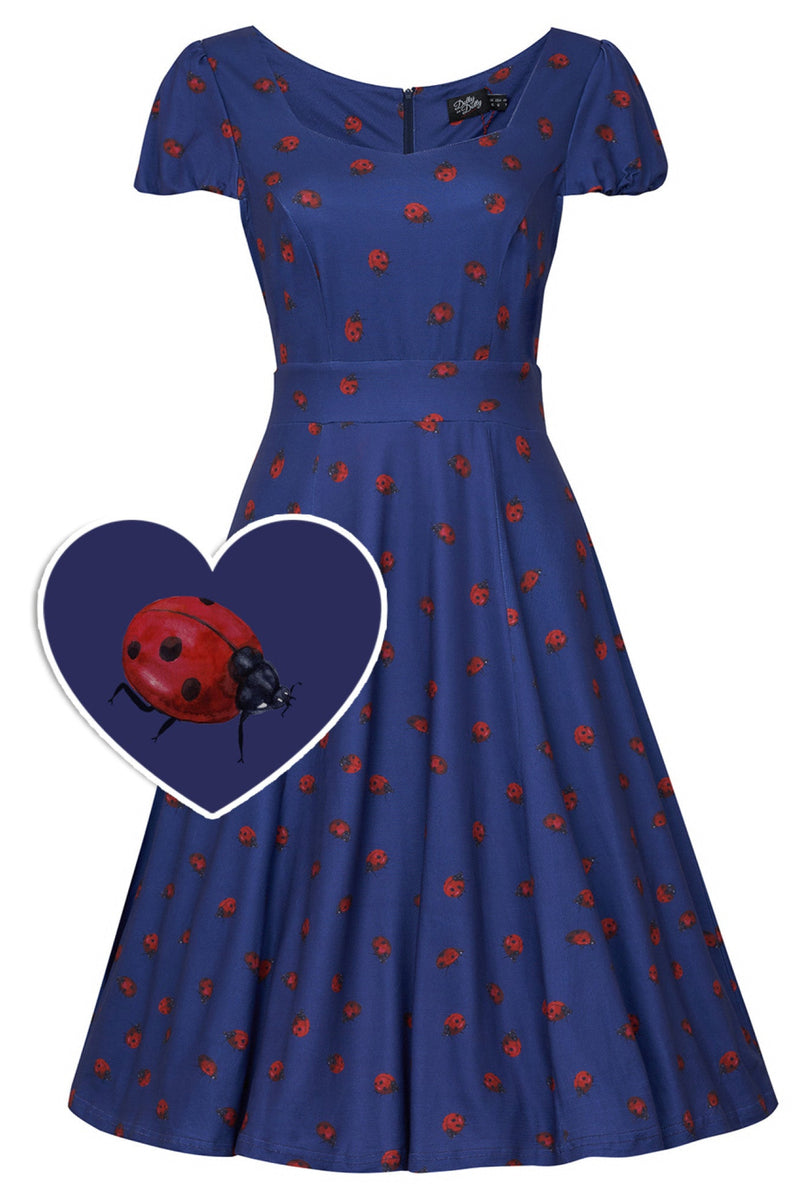 PRE ORDER Children Claudia Flirty Fifties Style Dress in Navy Blue & Lady Bug Print