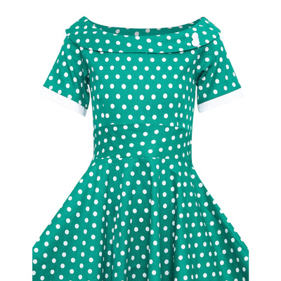 PRE-ORDER Children Darlene Dress In Green/ White Polka Dots