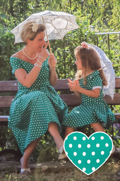 PRE-ORDER Children Darlene Dress In Green/ White Polka Dots
