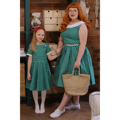 PRE-ORDER Children Darlene Dress In Green/ White Polka Dots