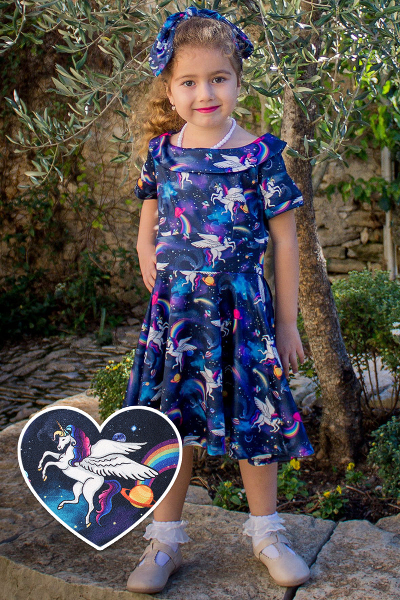 Girls Darlene 50s Inspired Swing Dress in Unicorn
