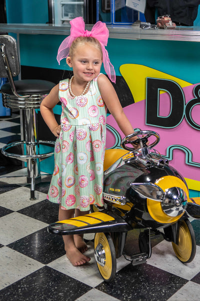 PRE-ORDER Children Amanda Swing Dress in Mint Green Doughnut Print