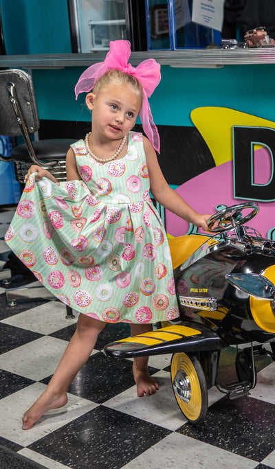 PRE-ORDER Children Amanda Swing Dress in Mint Green Doughnut Print