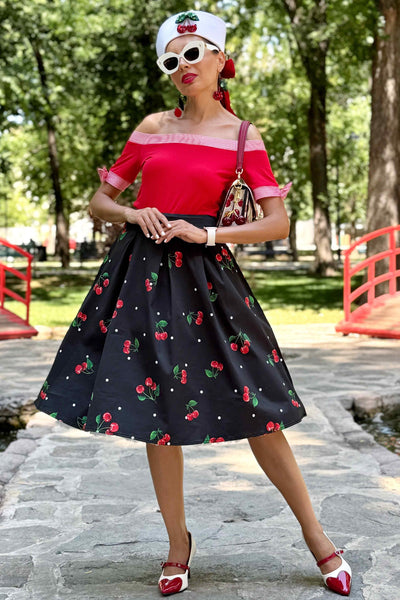Carolyn Black Box Pleat Polka Dot/Cherry Print Swing Skirt
