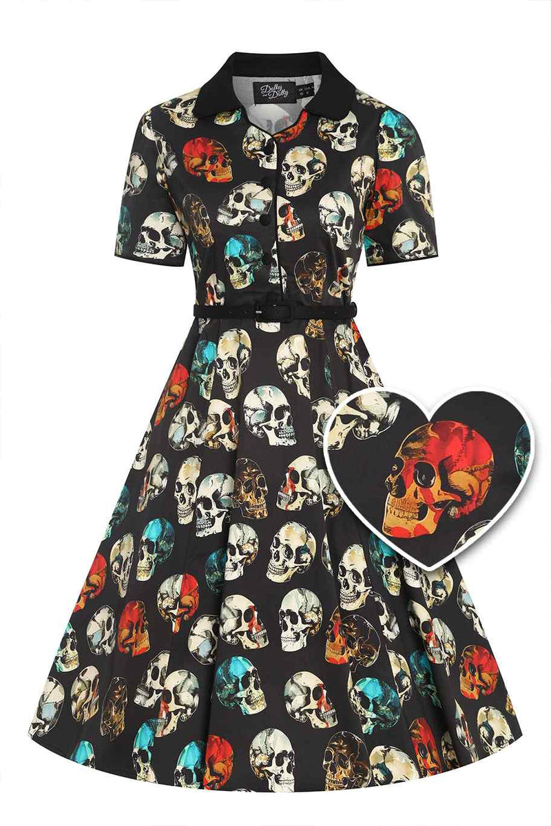 Penelope Rockabilly Black Skull Print Shirt Dress