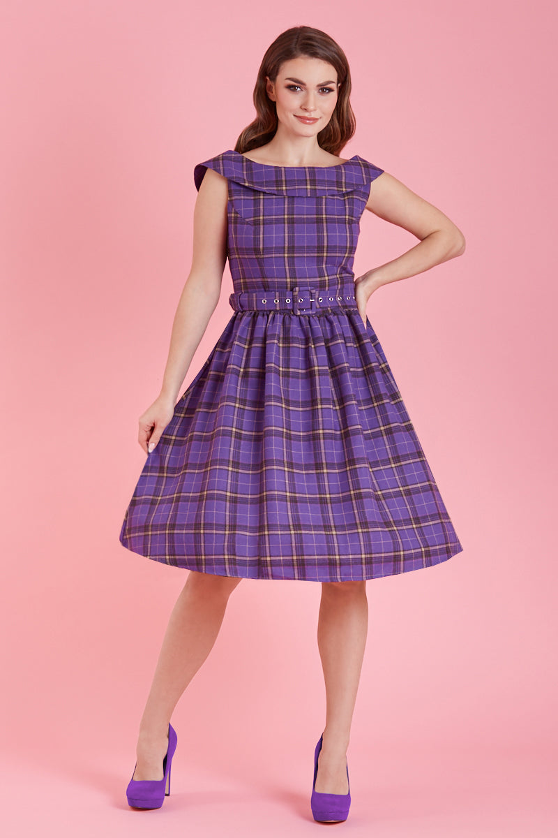 EU STOCK Cindy Purple Tartan Off Shoulder Swing Dress