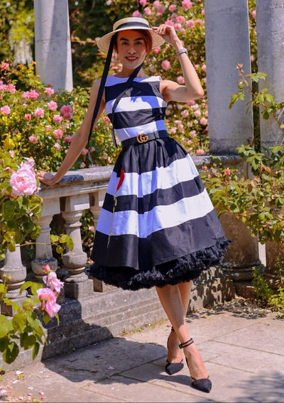 EU STOCK Annie Retro Embroidered Rose Stripe Swing Dress in Black/White