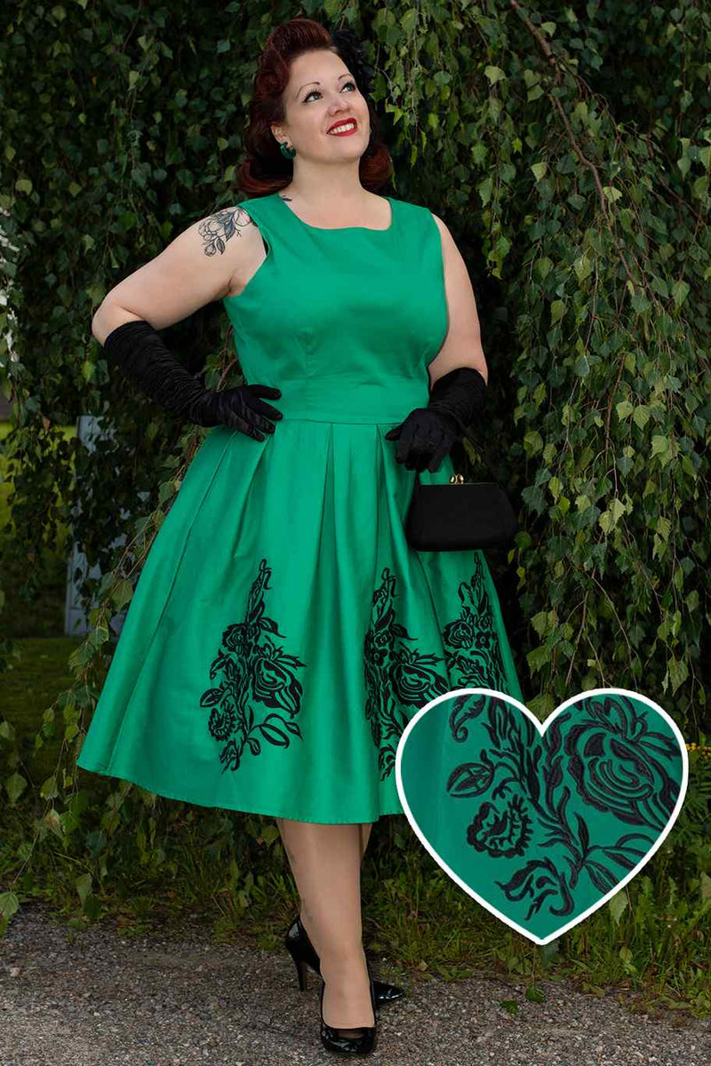 PRE ORDER Annie Retro Embroidered Floral Swing Dress in Green/Black