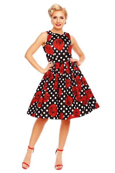 PRE ORDER Annie Retro Swing Dress in Black Rose Polka