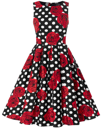 PRE ORDER Annie Retro Swing Dress in Black Rose Polka