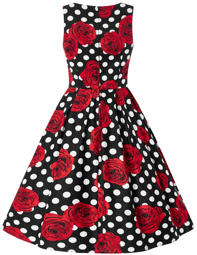 PRE ORDER Annie Retro Swing Dress in Black Rose Polka