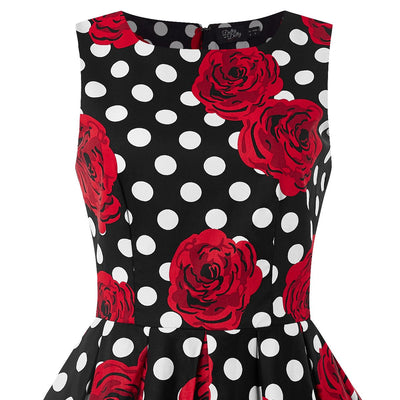 PRE ORDER Annie Retro Swing Dress in Black Rose Polka