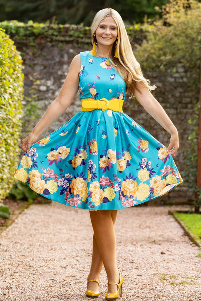 Annie Retro Raising Flowers Swing Dress in Turquoise