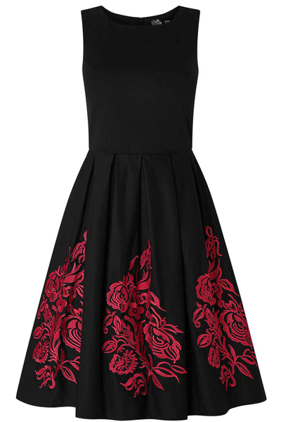 Annie Retro Embroidered Swing Dress in Black/Red