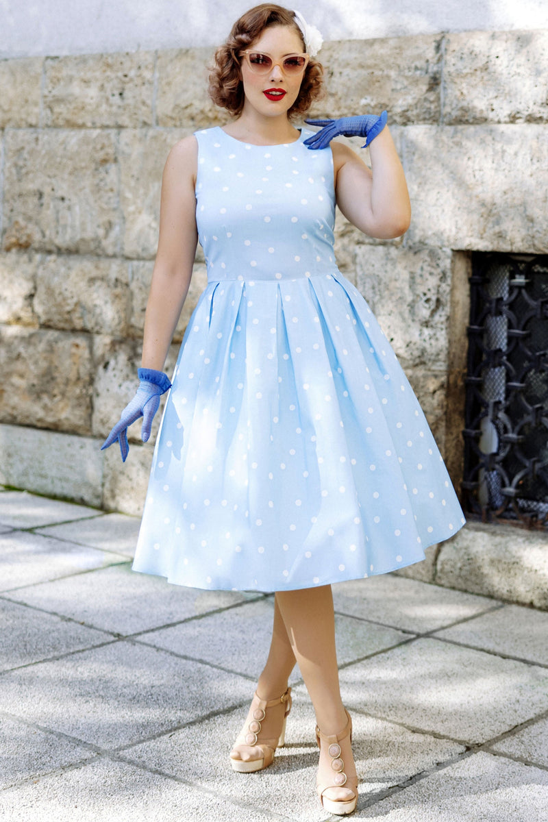 PRE ORDER Annie Retro Polka Dot Dress In Pale Blue/White