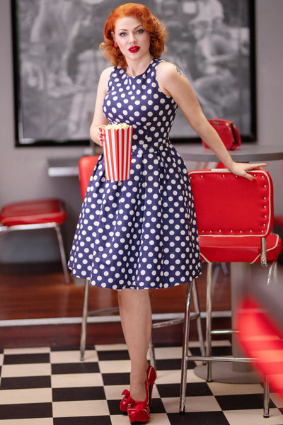 PRE ORDER Annie Navy Blue Swing Dress with White Polka Dots