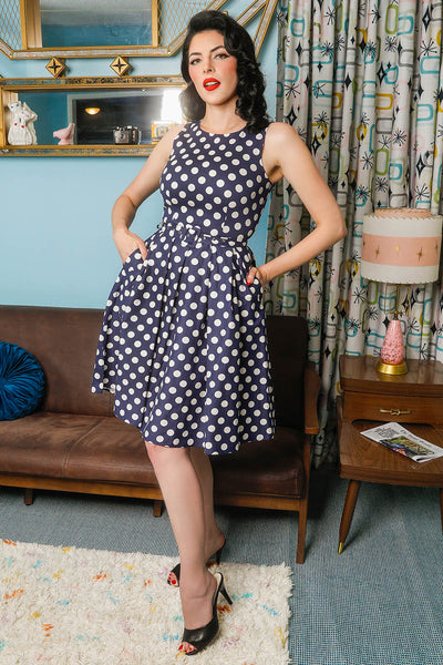 PRE ORDER Annie Navy Blue Swing Dress with White Polka Dots