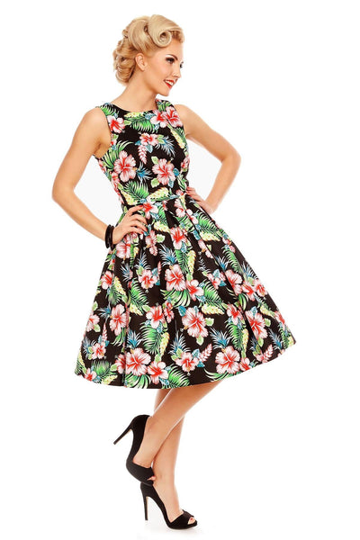 PRE ORDER Annie Retro Floral Swing Dress in Black Orchid