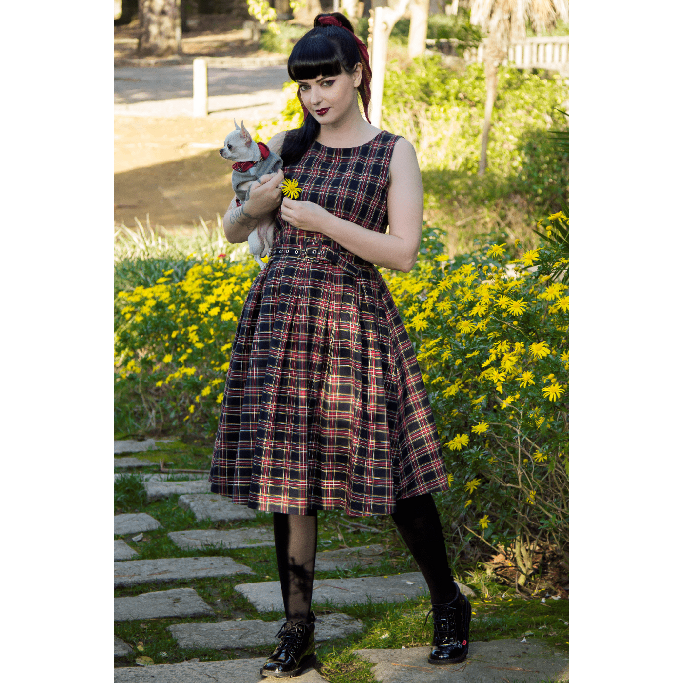 EU Stock-Annie Retro Check Swing Dress in Black & Red
