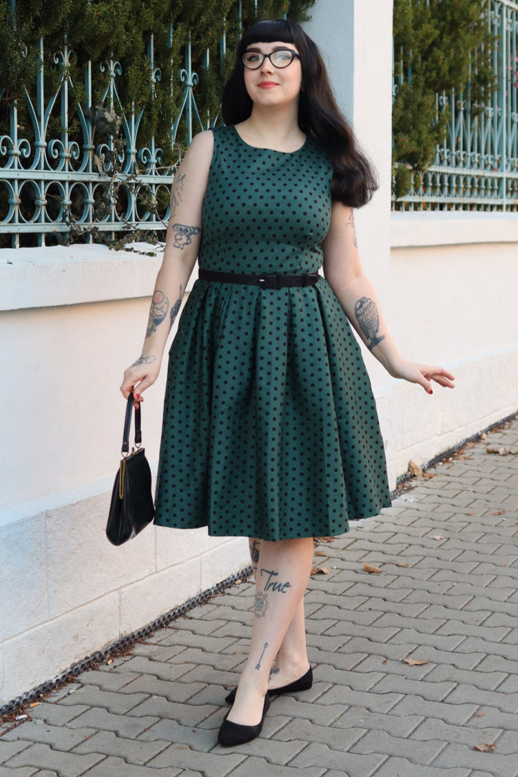 Annie Polka Dot Swing Dress in Green/Black