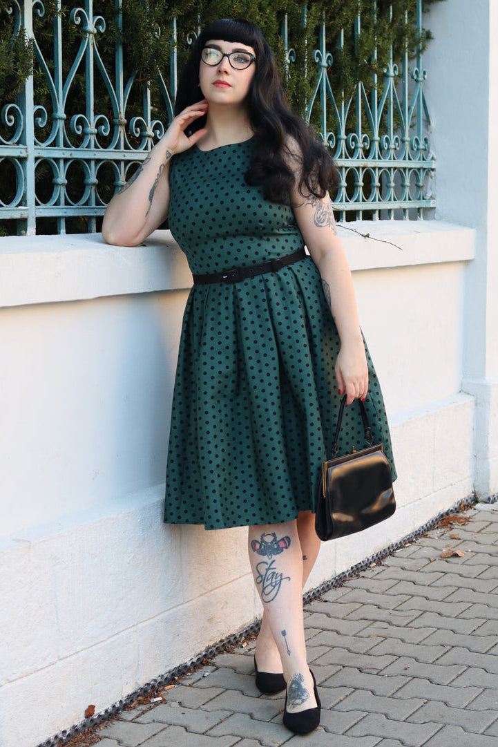 Annie Polka Dot Swing Dress in Green/Black