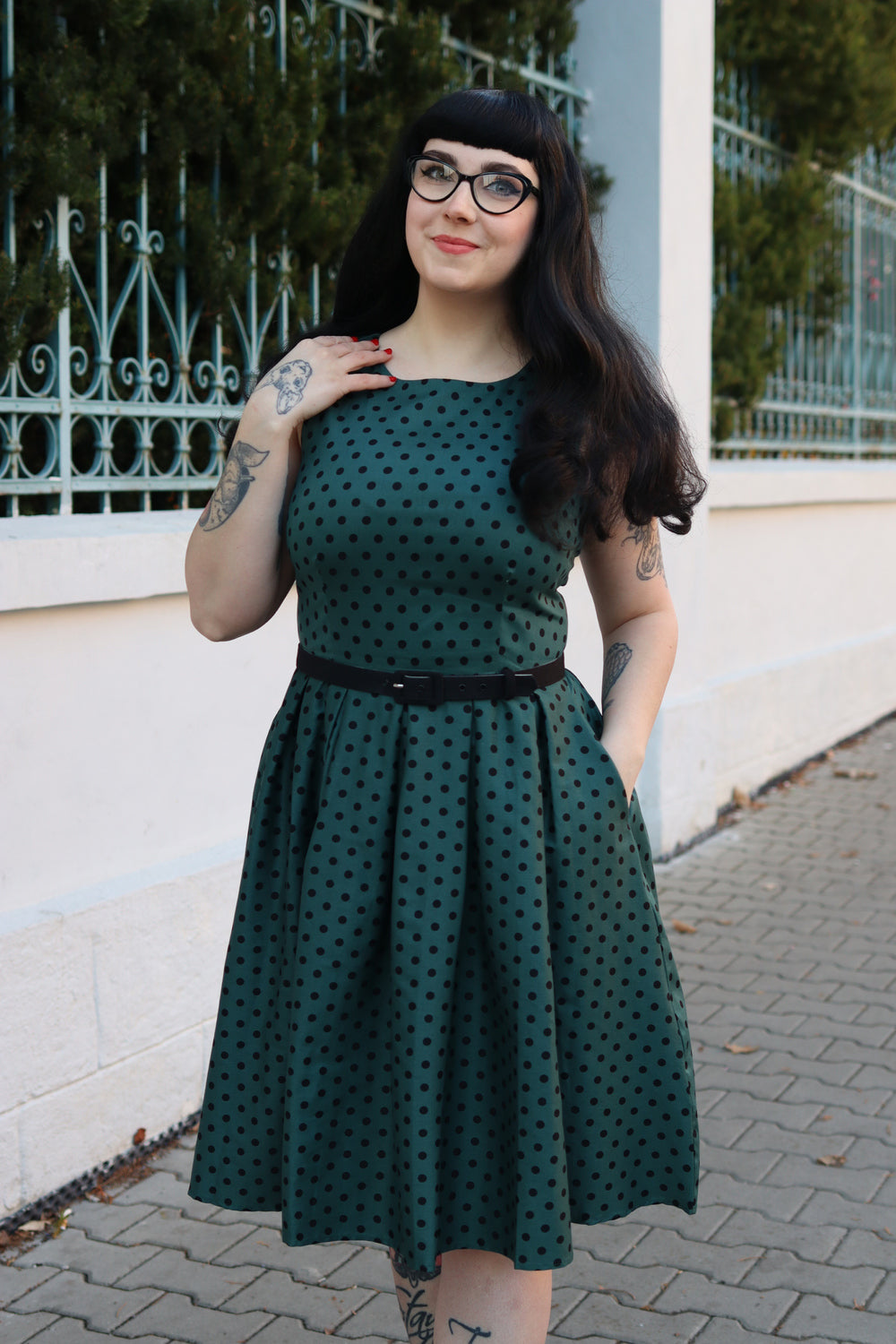 Annie Polka Dot Swing Dress in Green/Black