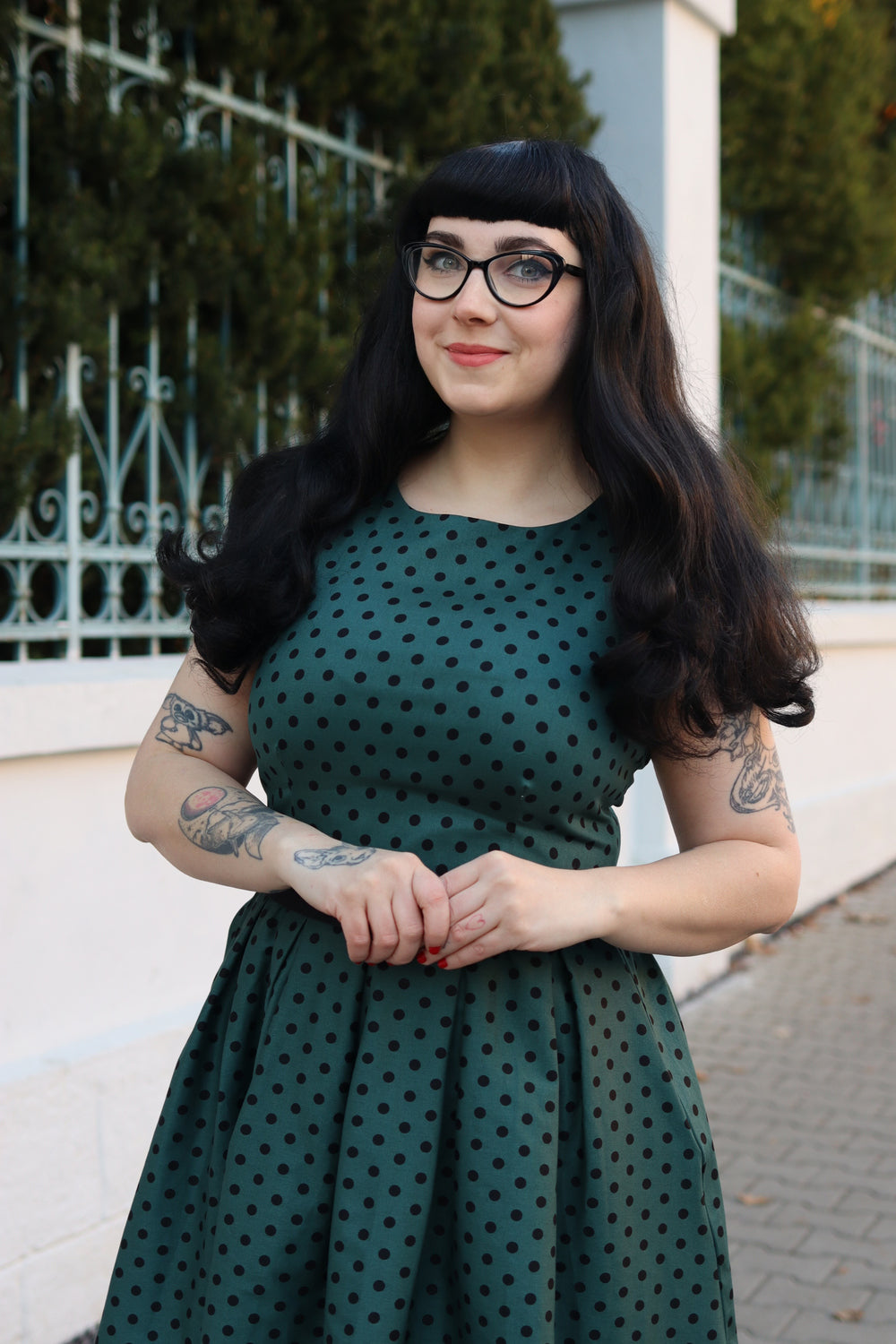 Annie Polka Dot Swing Dress in Green/Black