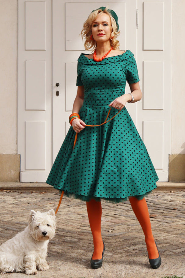 Annie Polka Dot Swing Dress in Green/Black