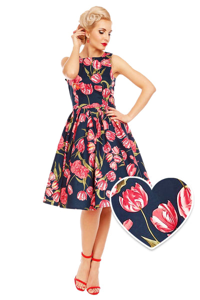 PRE ORDER Annie Retro Floral Swing Dress in Navy Tulip