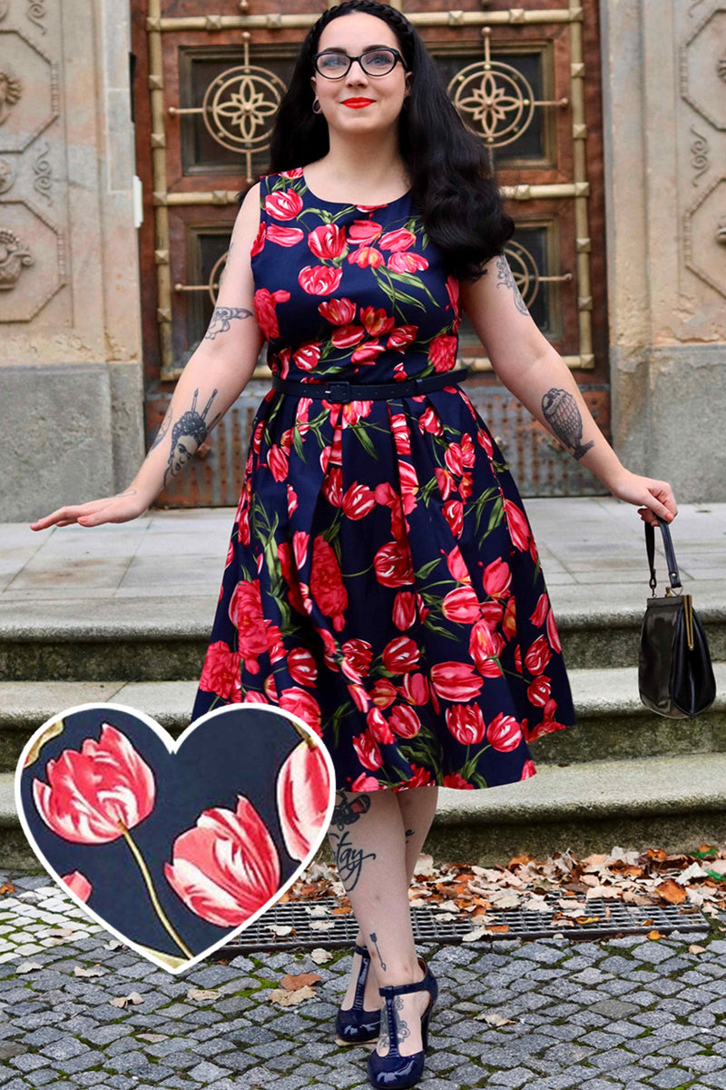 PRE ORDER Annie Retro Floral Swing Dress in Navy Tulip