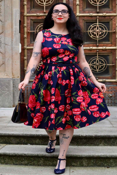 PRE ORDER Annie Retro Floral Swing Dress in Navy Tulip