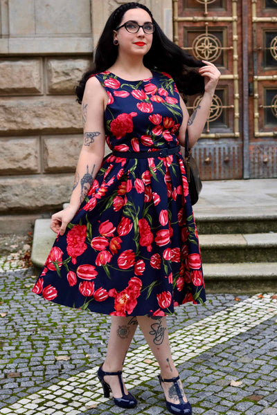 PRE ORDER Annie Retro Floral Swing Dress in Navy Tulip