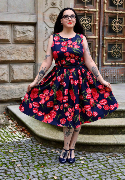 PRE ORDER Annie Retro Floral Swing Dress in Navy Tulip