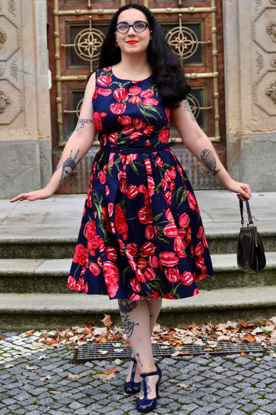 PRE ORDER Annie Retro Floral Swing Dress in Navy Tulip