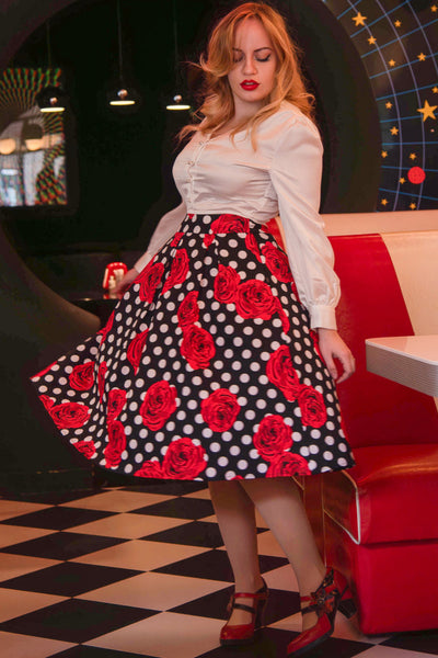 PRE-ORDER Carolyn Box Pleat Skirt In Scuba Knit Fabric In White Polka Dot & Red Rose In Black