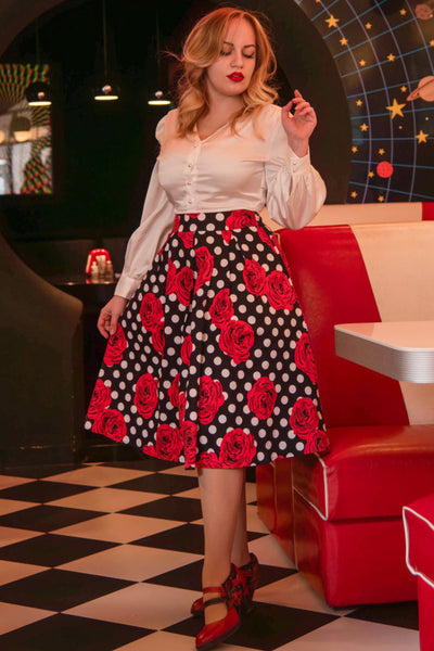 PRE-ORDER Carolyn Box Pleat Skirt In Scuba Knit Fabric In White Polka Dot & Red Rose In Black