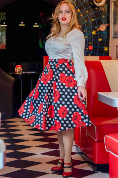 PRE-ORDER Carolyn Box Pleat Skirt In Scuba Knit Fabric In White Polka Dot & Red Rose In Black
