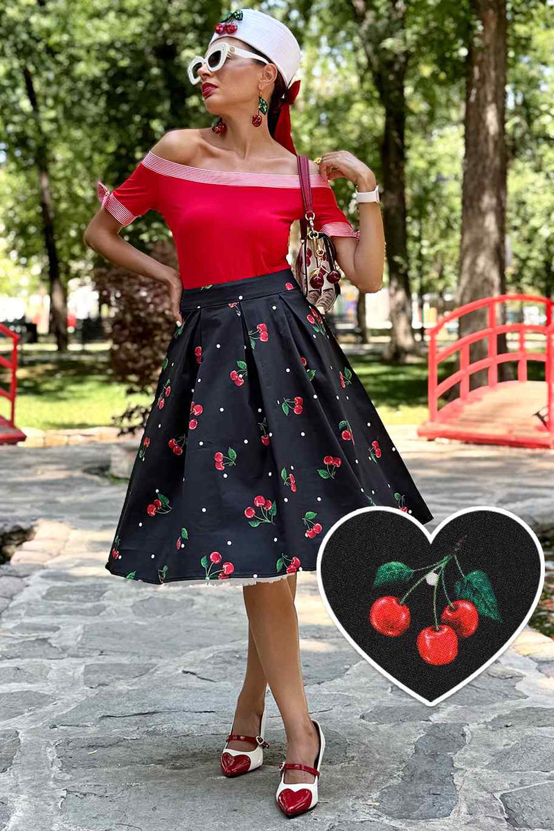 Carolyn Black Box Pleat Polka Dot/Cherry Print Swing Skirt